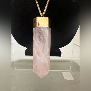Extra large rose quartz necklace with thick, gold tone, brass rope chain